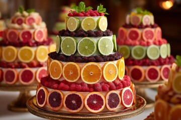 Colorful fruit cake towers displayed at a festive event with vibrant layers of citrus and berries creating a stunning dessert centerpiece