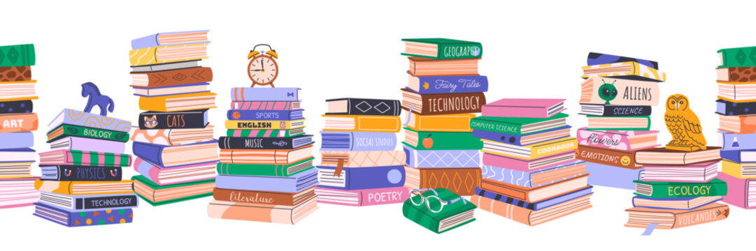 Border with stacks of various books. Seamless horizontally. Home library collection with educational literature, novels, storybooks for Back to School, libraries, book fairs, Literacy Day. Vector.