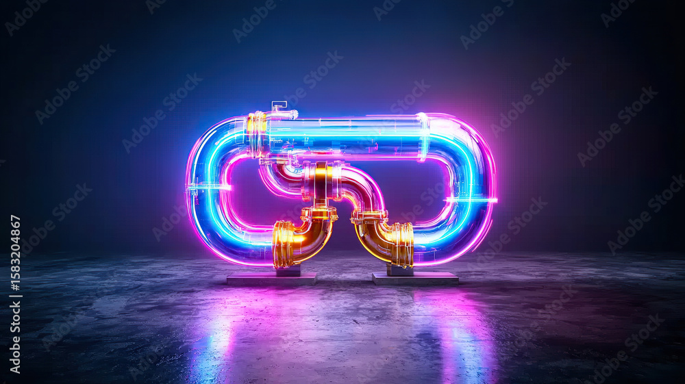 Poster vibrant and futuristic neon pipe design illuminated in bright colors, showcasing unique marketing wo