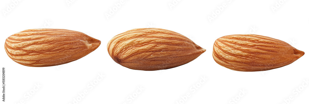 Poster almonds in a row showcasing natural texture and color variations, isolated on transparent background