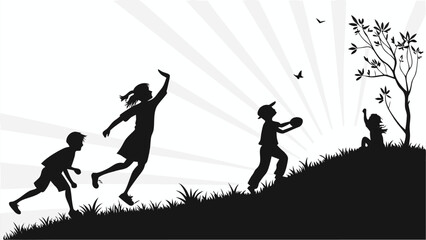 Silhouette of children playing on a hill with a tree and birds against a radiant background design