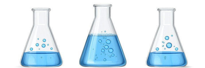 Laboratory glassware with blue liquid and bubbles in flasks and beakers, isolated on transparent background