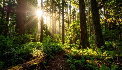 Sunbeams piercing a lush forest floor