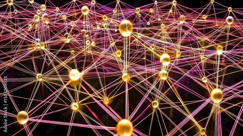 Poster complex network of interconnected golden spheres and luminous lines.