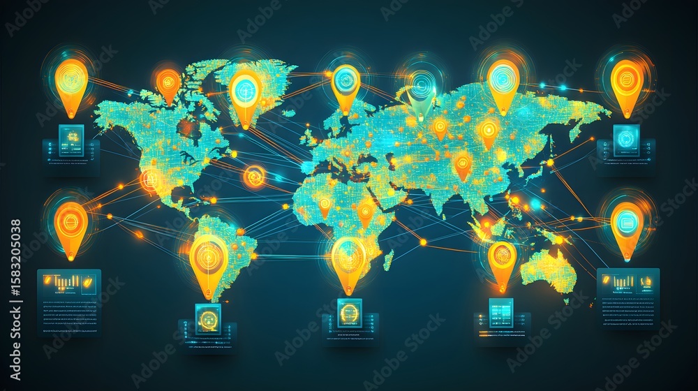Poster global network map with data points and connections.