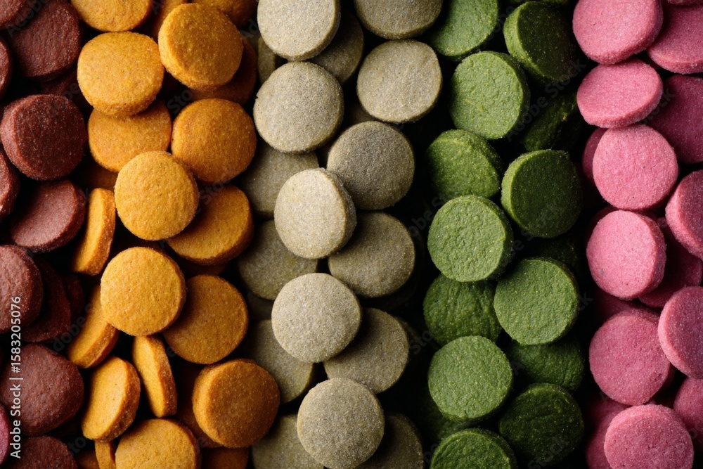 Poster colorful assorted circular snacks arranged neatly on a surface showcasing a variety of colors and te