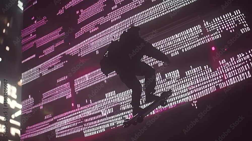Poster silhouette of a person skateboarding against a backdrop of binary code.