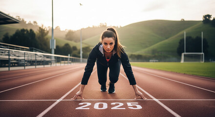 Athlete in starting position on running track, year 2025 marked on ground, representing new year goals and determination for success in sports