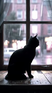 Black Cat Silhouette on Window Sill Watching Rain Anime Japanese Manga Style