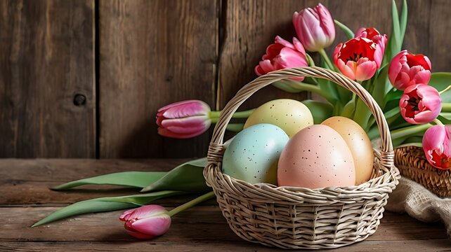 Colorful Easter eggs in a woven basket with fresh tulips on a spring holiday setting