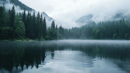 A single ripple on a tranquil lake surrounded by foggy mountains and pine trees