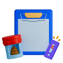 Stool sample for stool examination, test kit showing positive result with blank report on clipboard. 3d illustration.