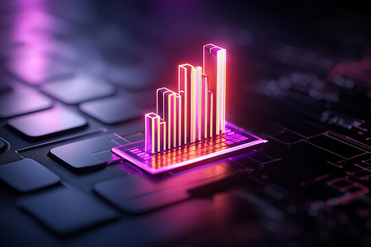 Vibrant neon graph representing social media trends stands out against dark keyboard background, showcasing dynamic nature of digital analytics and technology