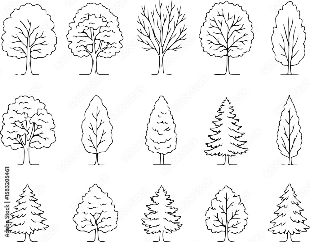 Poster collection of diverse tree illustrations in a simple black line drawing style on a white background 