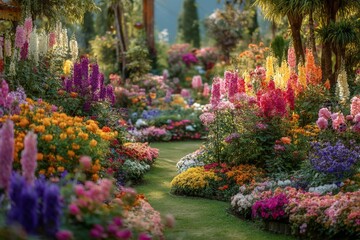 Blossoming garden path surrounded by vibrant flowers in early morning sunlight