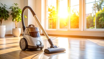 Vacuum cleaner on hardwood floor near sunny window