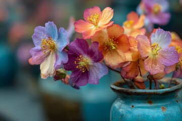 Vibrant blossoms in turquoise vase create a lively arrangement at a spring flower market in a sunlit garden