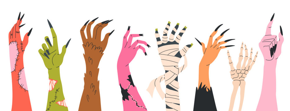Halloween monster hands banner. Flat vector border with diverse spooky hands reaching up. Mummy, zombie, werewolf, skeleton, vampire. Ideal for festive backgrounds, web design, Trick or Treat themes.