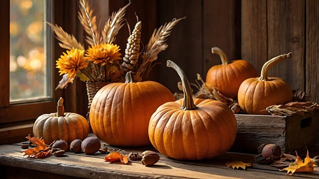 Autumn Pumpkins and Decor in a Cozy Rustic Environment