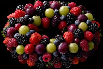 Fototapeta premium Colorful fruit arrangement showcases a variety of berries and grapes perfect for summer celebrations or healthy gatherings
