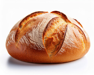 Freshly baked brown wheat loaf of bread with a golden crust, isolated on a white background
