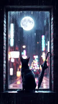 Black Cat Sits on Window Sill Watching Rainy Night Anime Style with Full Moon and Umbrella Reflecting Urban Nightscape