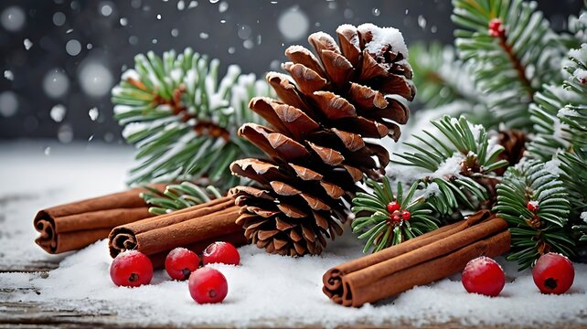 Winter Holiday Decoration, Pine Cone and Cinnamon Sticks, Snowy Background, Photography, Festive Atmosphere, Close-Up, Seasonal Warmth