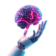 Futuristic Robotic Hand Holding Glowing Holographic AI Brain with Neon Binary Circuits isolated on a White Background
