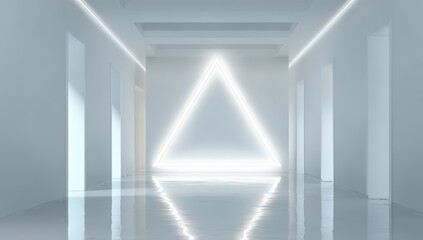 Bright white hallway with luminous triangle and ceiling lights, reflective floor