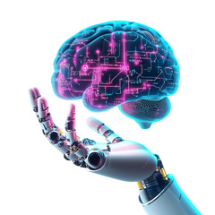 Futuristic Robotic Hand Holding Glowing Holographic AI Brain with Neon Binary Circuits isolated on a White Background
