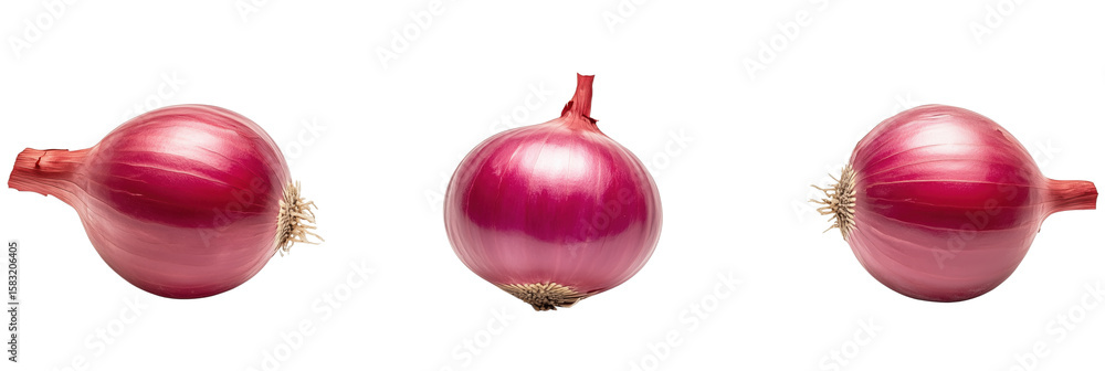 Poster fresh red onions displayed from multiple angles on white background, isolated on transparent backgro