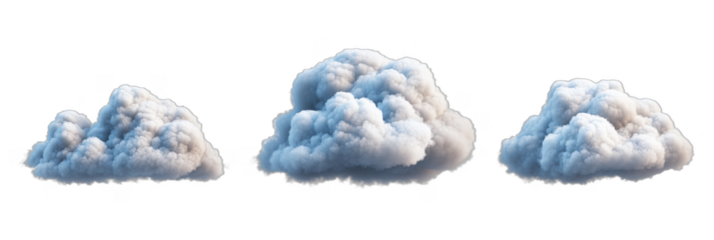 Fluffy white clouds in various shapes against a bright background, isolated on transparent background