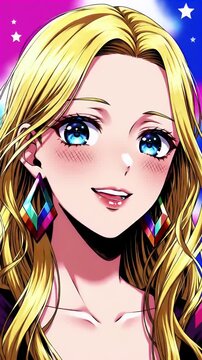 Blond Haired Anime Girl Portrait with Blue Eyes and Geometric Earrings in Manga Style with Colorful Bokeh and Stars