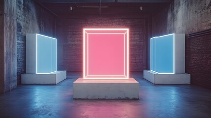 Neon cube display in a dark industrial space