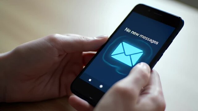 Close Up of Hands Holding Smartphone with Email Icon on Screen With No New Message Notification Displayed on Wooden Table Background