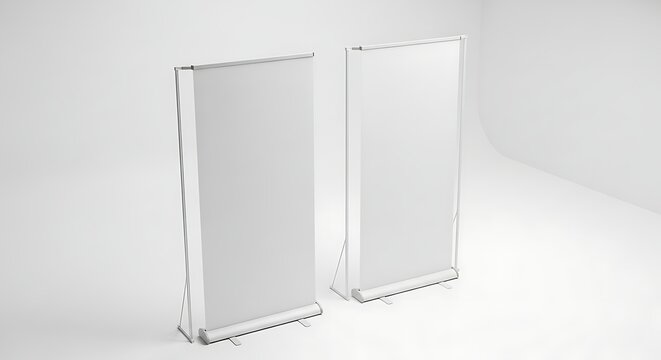 Two blank roll up banner stands isolated on a clean white studio background