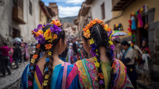 Rear View of Women With Braided Hair and Bright Floral Decorations Participating in Festival del Yamor Parade Through the Streets of Otavalo Ecuador Celebrating Cultural Heritage