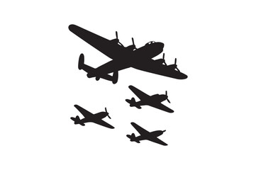 War plane flyover silhouette vector art illustration on white background