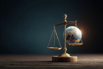 A scale holds Earth one side empty Gold metal gleams against a dark backdrop resting on a wooden surface