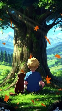 Boy with Dog Resting Under Tree in Anime Style Pixelated Landscape with Falling Leaves Mountain Backdrop