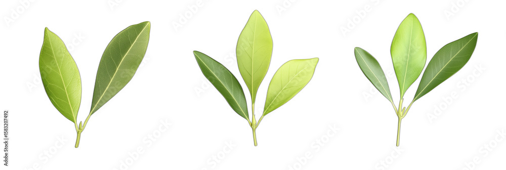 Poster various leaf types displaying different shades and textures for botanical study, isolated on transpa