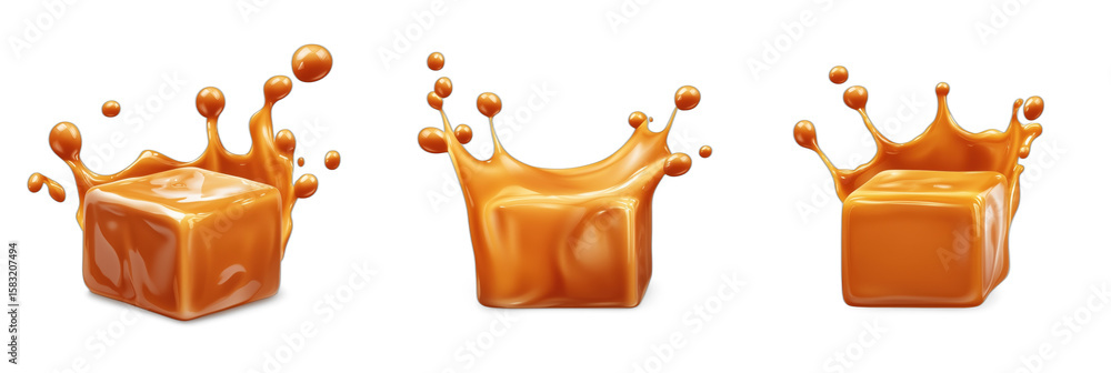 Poster splashing orange caramel cubes creating dynamic liquid motion effects, isolated on transparent backg