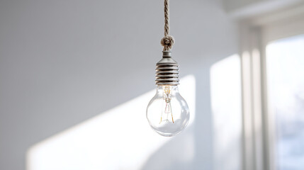 Light bulb hanging from rope in bright room with soft sunlight creating calm and peaceful atmosphere, showcasing simple and minimalistic interior design