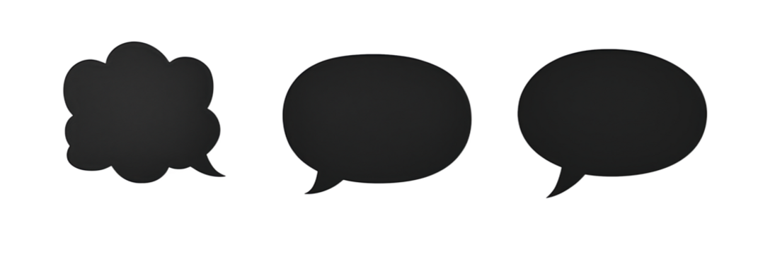 Black speech bubbles for dialogue representation in design and communication, isolated on transparent background