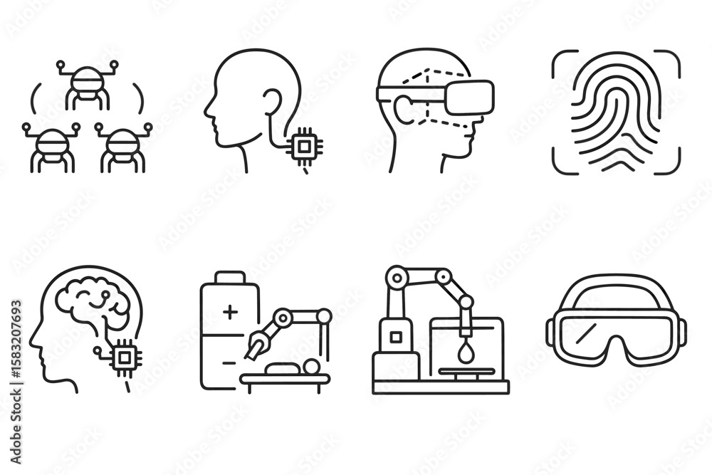 Poster technology, ai linear icon set. innovation, augmented reality icons outline collection