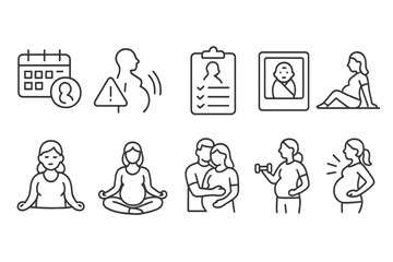 Fototapeta premium Pregnancy and maternity line icon set: baby, health, family symbol collection
