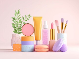 fresh idea of cosmetics set design on simple background. Banner for cosmetics store