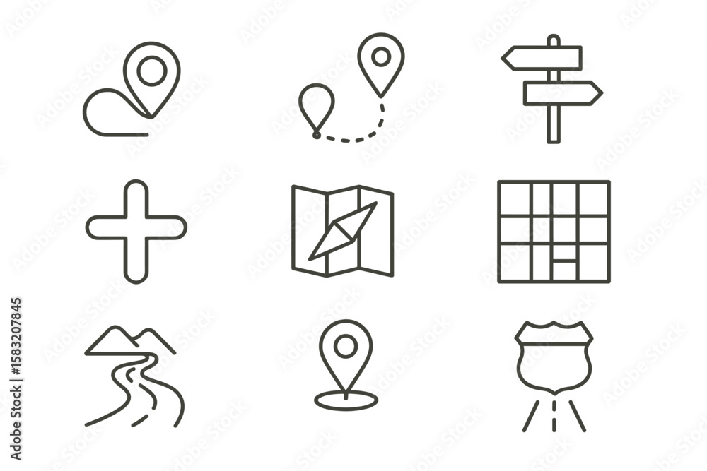 Poster navigation and map line icon set. location, direction, path icons linear collection