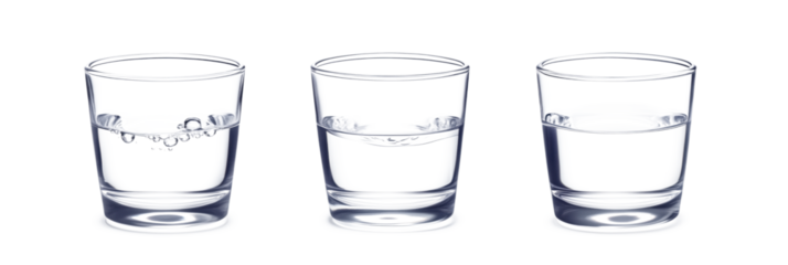 Three glasses of water showcasing different levels of liquid and bubbles, isolated on transparent background