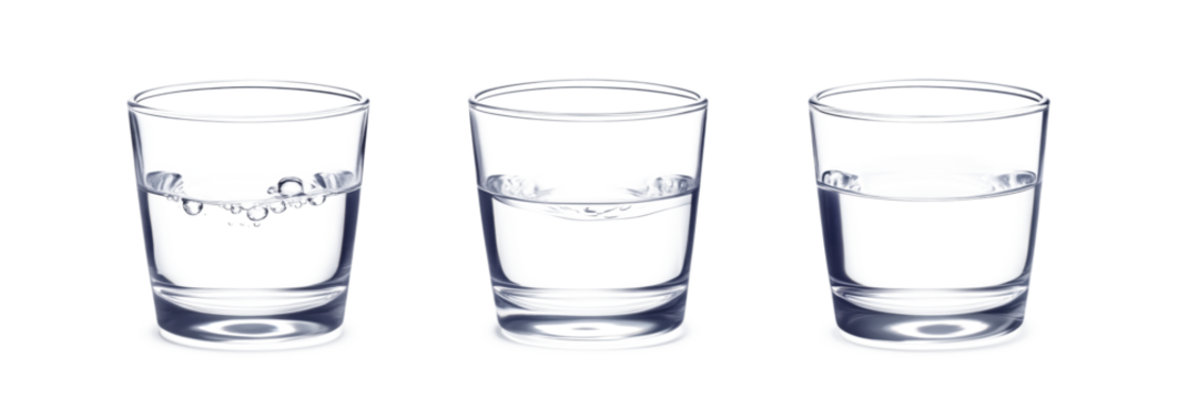 Three glasses of water showcasing different levels of liquid and bubbles, isolated on transparent background